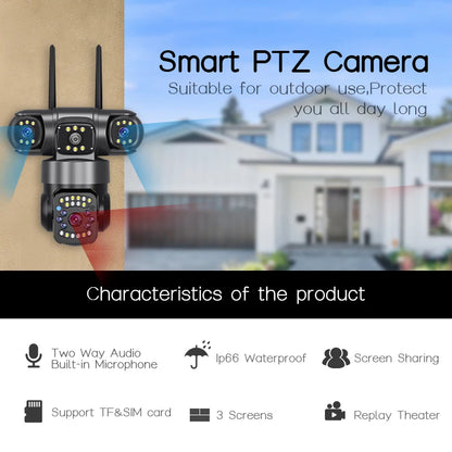WiFi Security Camera IP 12MP 6K External Outdoor Surveillance Cctv Triple Lenses Triple Screens Wireless Night Vision Cameras