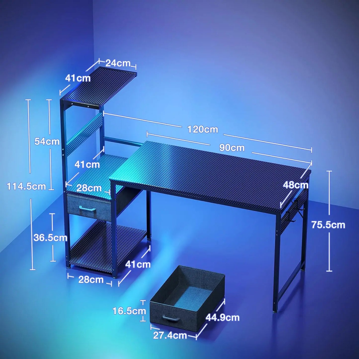 Coleshome Gaming Table with Led Lights,138×48Cm Gaming Desk with Drawers and Shelf