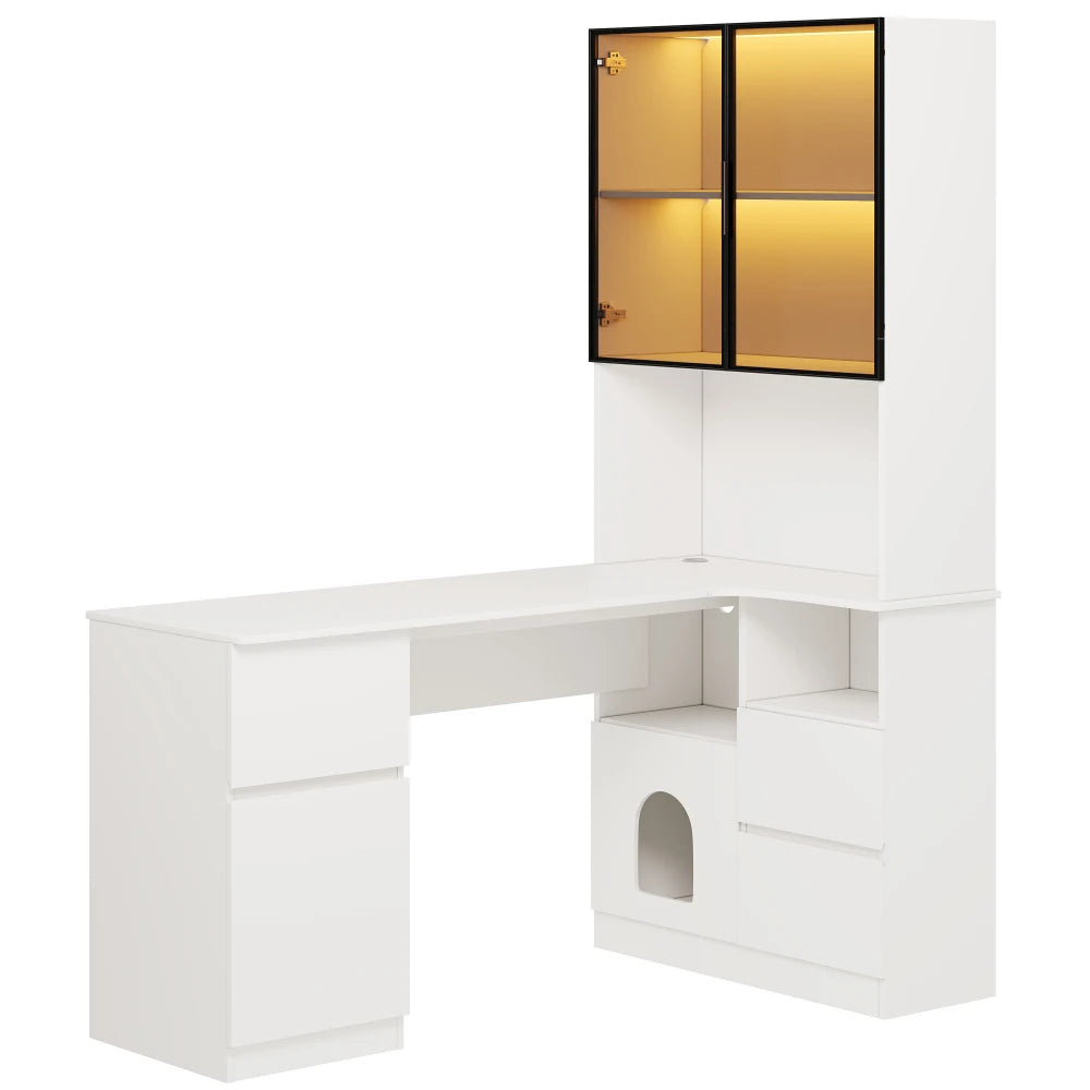 Corner Desk with Shelf and LED Display Cabinet, Desk with Cable Outlet, 3 Drawers, 2 Doors, Open Compartments, Built-in Bookcase