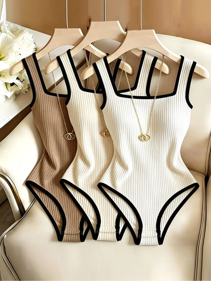 Dam 3-delat Ribbat Bodysuit-set – Fyrkantig Urringning Midjebetonande Backless Strand Nattliv Elegant, 4 Färger XS–XL