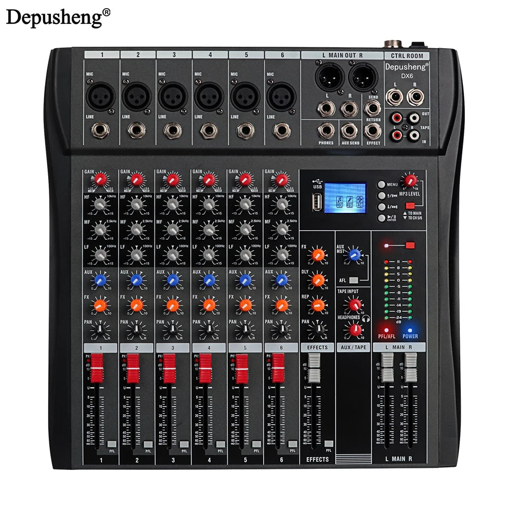 Depusheng DX-seriens ljudmixer med Bluetooth, USB och 3-bands EQ