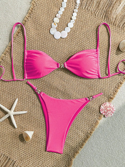 Sexy Solid Color Swimsuit Women' Swimwear 2026 New Bandeau Bikinis Rings Bikini Bandage Beachwear Two Piece Bathing Suit