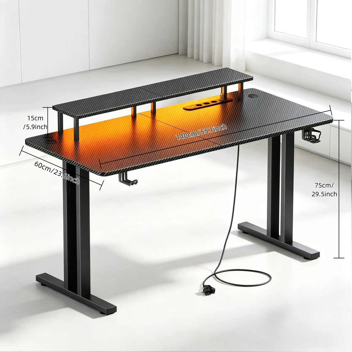 120/140/160CM Gaming Desk with LED Lights & Power Outlet, Ergonomic Carbon Fiber Computer Gamer Desk with Dual Monitor Stand,  Cup Holder & Headphone Hook, Home Office Gaming Table