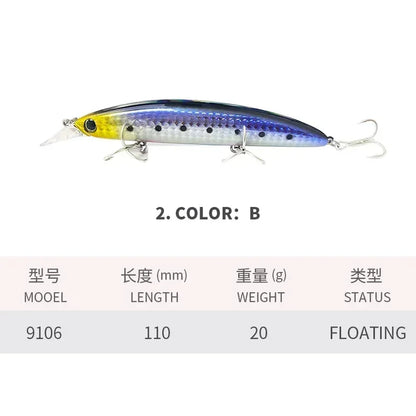 Floating Minnow Fishing Lures 110MM 20g Sea Ocean Beach Fishing Artificial Hard Bait Fishing Tackle for Bass Pike Perch Pesca