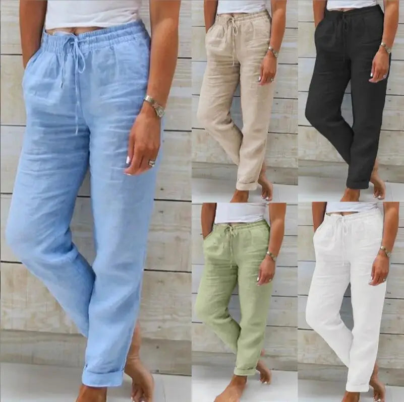 Cotton Linen Summer Pants for Women High Waist Elastic Casual Trousers Streetwear Solid Female Clothes 2026 Loose Pencil Pants