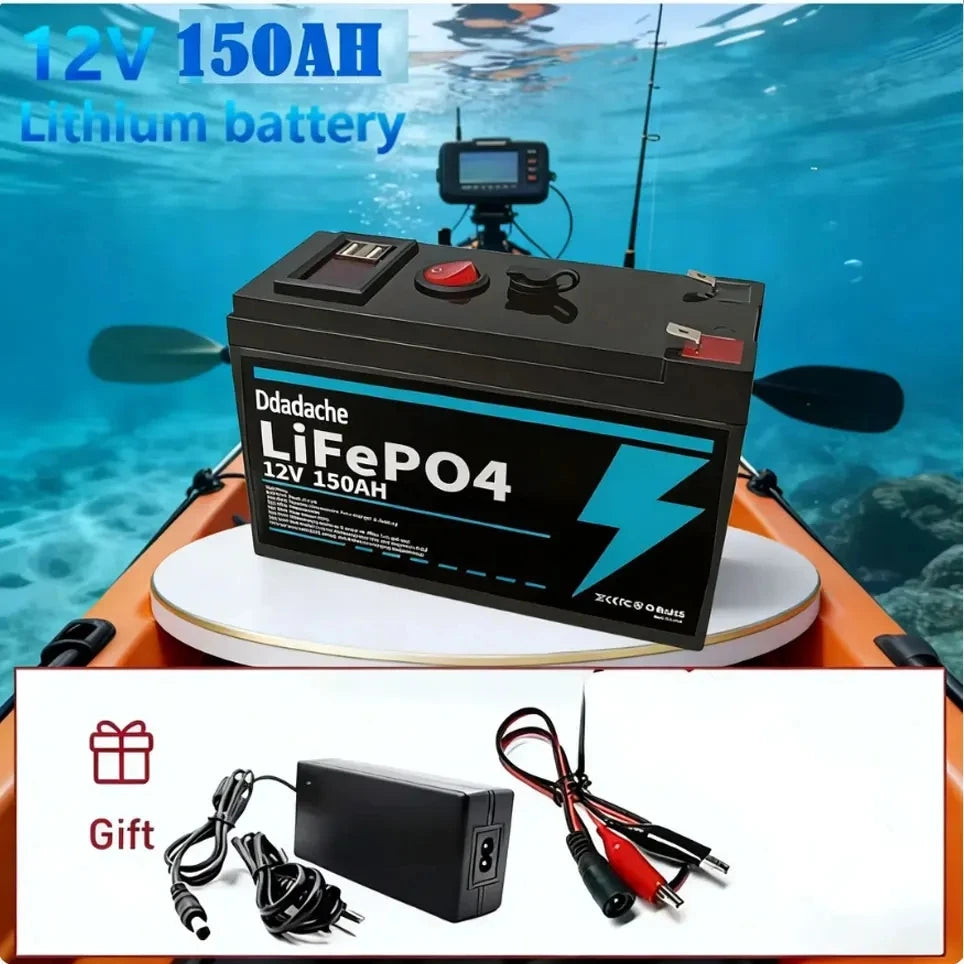 LiFePO4 Batteri 12V 150Ah – 4000+ Djupcykler, Smart BMS, ~10års Livslängd, ca 1,1kg, 18650-celler, Kajak/Båt/Sol/UPS/Off-Grid, EU-lager (Frankrike)