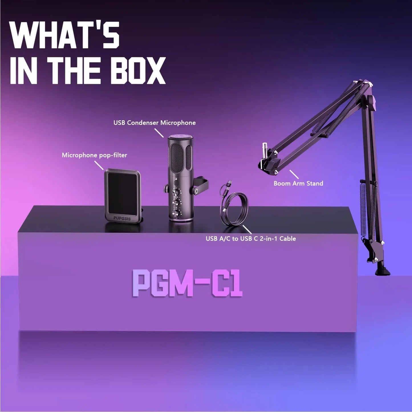 PUPGSIS Gaming USB Microphone, Noise Cancellation Condenser Mic with Mute, Gain, RGB Lights, Boom Arm Stand for Streaming, PC