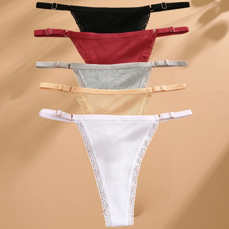 FINETOO 5PCS/Set Sexy G-string Panties Cotton Women's Underwear Adjustable Waist Girl Female Pantys Bikini Lady Thongs Lingerie