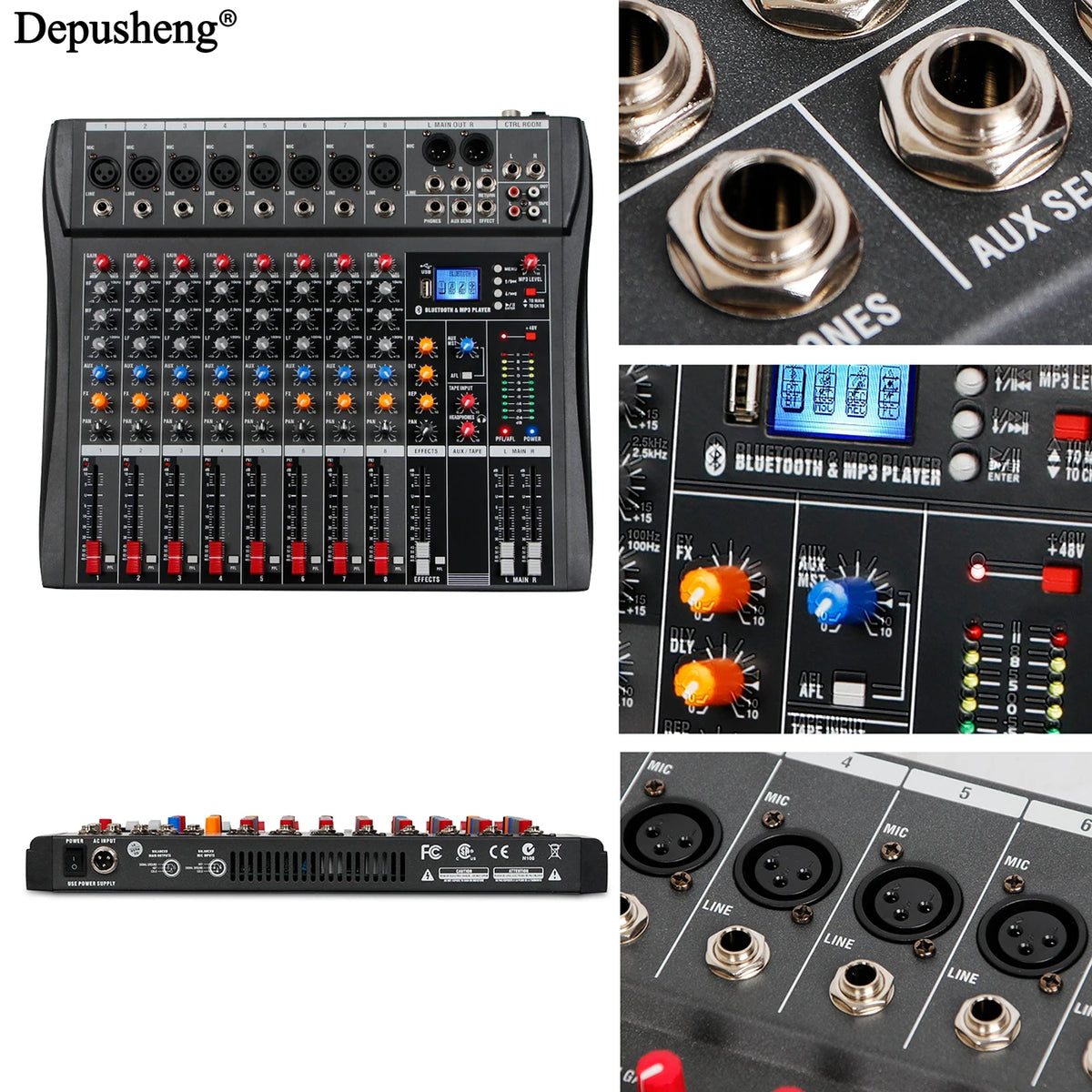 Depusheng DX-seriens ljudmixer med Bluetooth, USB och 3-bands EQ