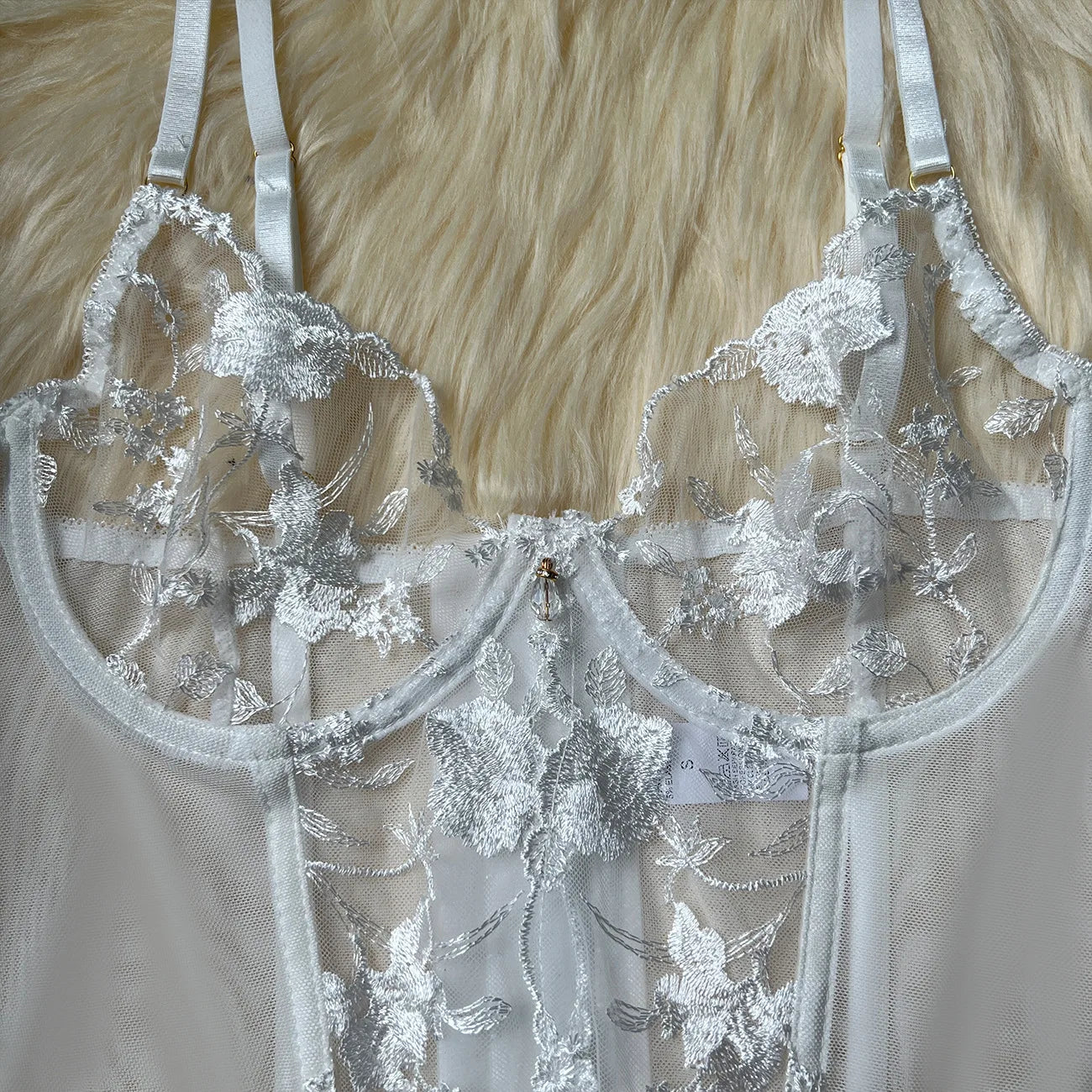 Floral Embroidered Boned Corset Lingerie Set Sheer Mesh Underwire Bustier Garter Straps Waist Cincher Romantic Night Clubwear