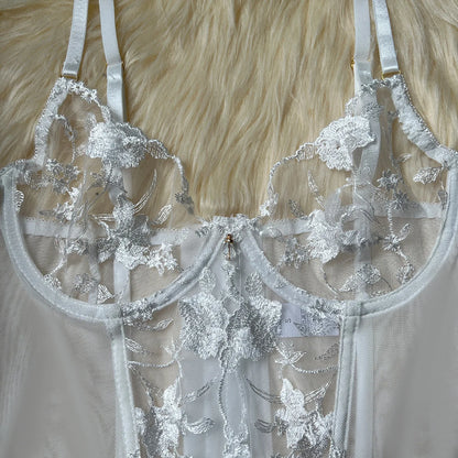 Floral Embroidered Boned Corset Lingerie Set Sheer Mesh Underwire Bustier Garter Straps Waist Cincher Romantic Night Clubwear