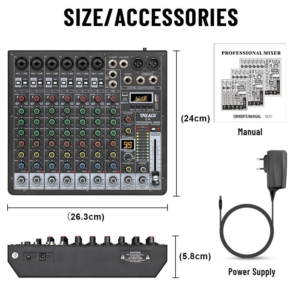TKLBLS Z8 8 Channel Professional Mixer Bluetooth 48V 12V Battery Powered USB Studio Recording Live Show