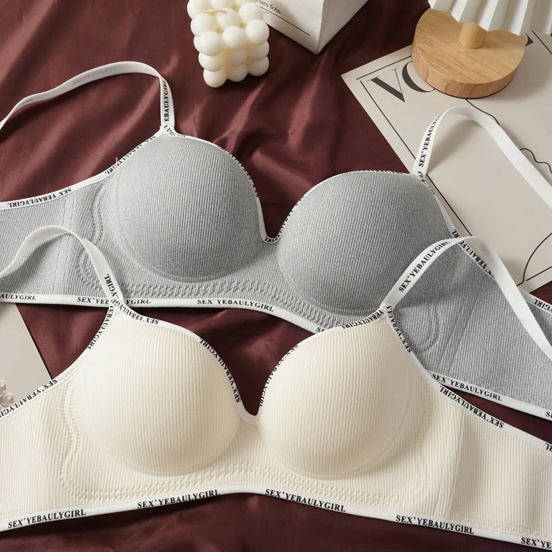 Women's Sexy Push Up Rib Bras Letter Print Small Bust Bra Black Gray Simple Casual Underwear