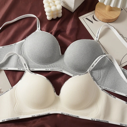 Ribbad push-up-BH utan bygel med bokstavsmönster, 75A–85A