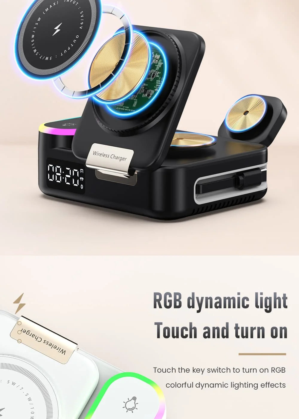 LYNXZ 8-i-1 Magnetisk Trådlös Laddstation 15W – RGB MagSafe PD30W USB-C iPhone AirPods Apple Watch Vit Svart