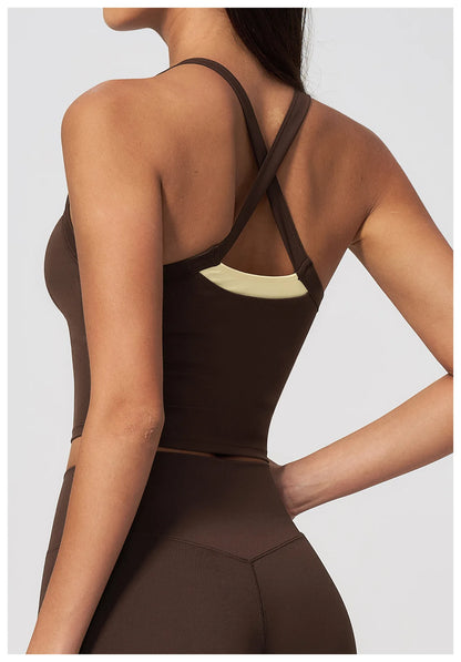 Women Criss Cross Back Yoga Tank Top Push Up Sports Bra Fitness Running Workout Gym Vest Color Block Sport Underwear Crop Top