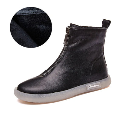 ZXRYXGS British Style Front Zipper Genuine Leather Boots Flat Sneakers 2026 Temperament Trend Autumn Winter Boots Black White