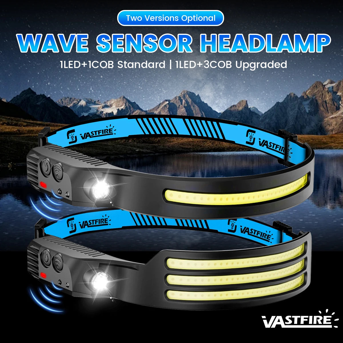 VASTFIRE COB+XPE Pannlampa med Rörelsesensor – USB-C, 455 Lumen, 5 Lägen, Vattentålig, Camping & Fiske