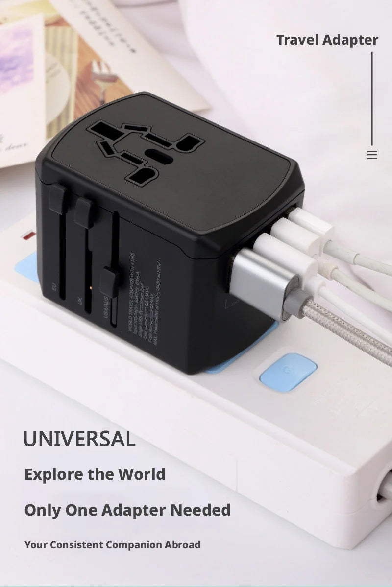 Global Power Converter for Travelers: Multi-Standard Plug (US/EU/UK/AU), 2000W Max, 4 USB Charging, Safety Door