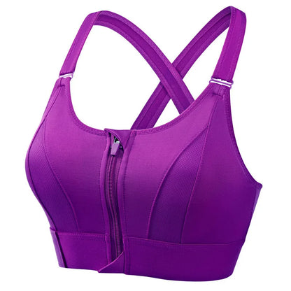 Women High Impact Shockproof Sports Bra Front Zip Adjustable Shoulder Straps Back Support Yoga Running Fitness Bralette