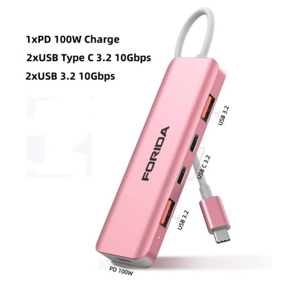 FORIDA Aluminum USB C Hub 3.2 and 3.0 10Gbps USB C HDMI Splitter PD 100W Power Charging USB 3.2 Gen2 Adapter for Laptop PC
