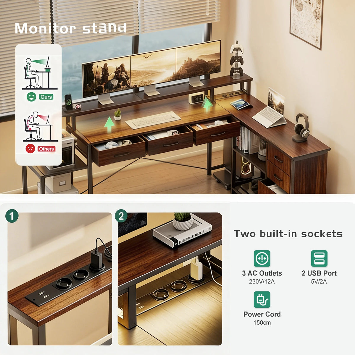 Reversible L-Shaped Gaming Desk 148cm Ultra-Wide Rgb Led App 2*Socket USB 7 Drawers Brown Grey Monitor Stand