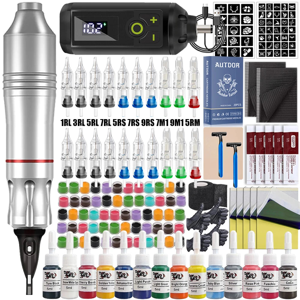 Tattoo Pen Machine Kit Tattoo Machine Set with Wireless Power Supply Tattoo Cartridge Needles Practice Skin Inks Accessories