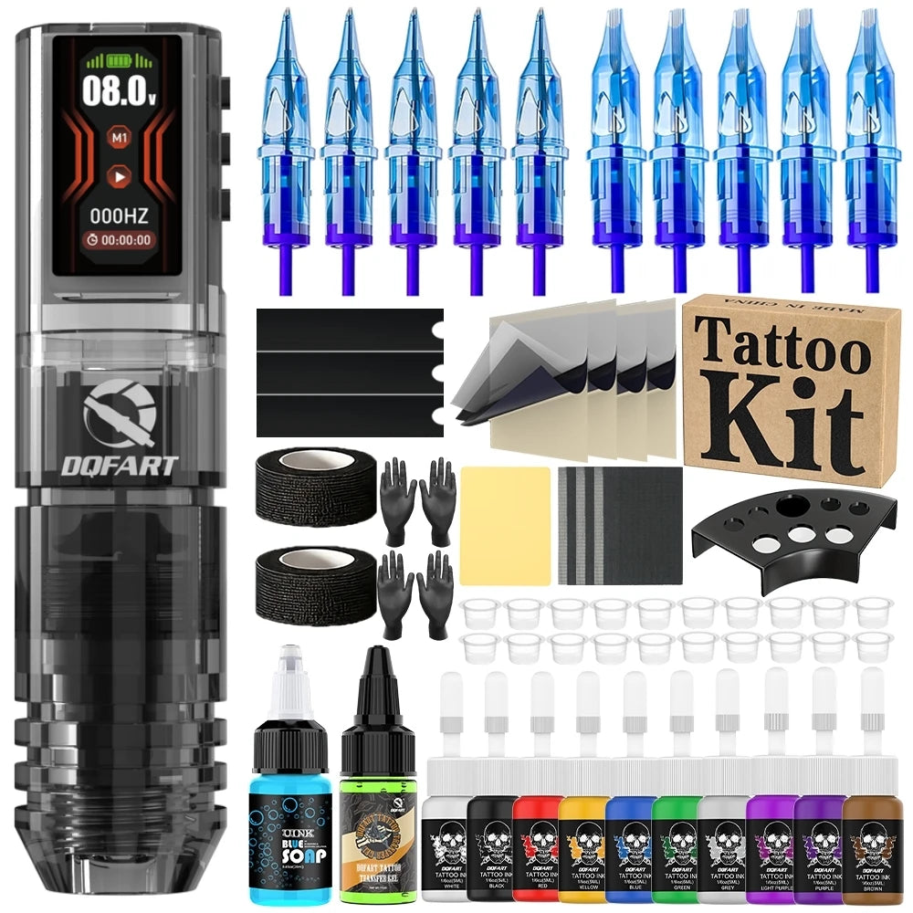 DQFART 1600mAh P2 LED Digital Display Electric Wireless Tattoo Machine Set 12V 6Colors Accessories Body Art Creative Designs