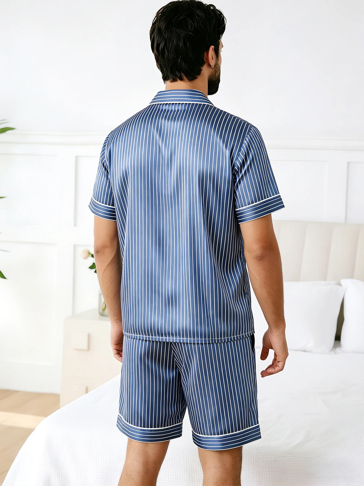 HZOIOYS randigt pyjamasset herr med satinkänsla – kortärmat, S–1XL