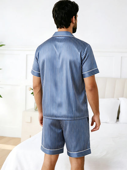 HZOIOYS randigt pyjamasset herr med satinkänsla – kortärmat, S–1XL