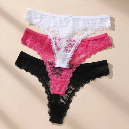 3Pcs Sexy Lace Women Thongs Transparent Women Panties Sexy Underwear Solid Floral G-String Size XS-XL Female Underpants Lingerie