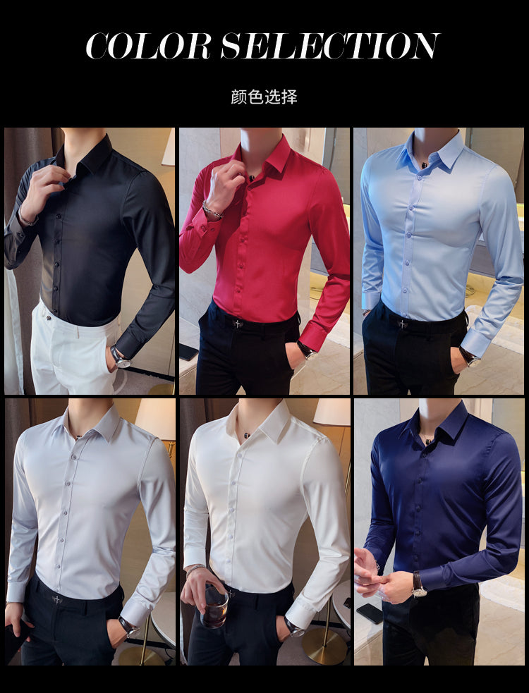 Boutique Fashion Solid Color Formal Wedding Dress Men's Long-sleeved Shirts Club Banquet Party Social Male Shirt