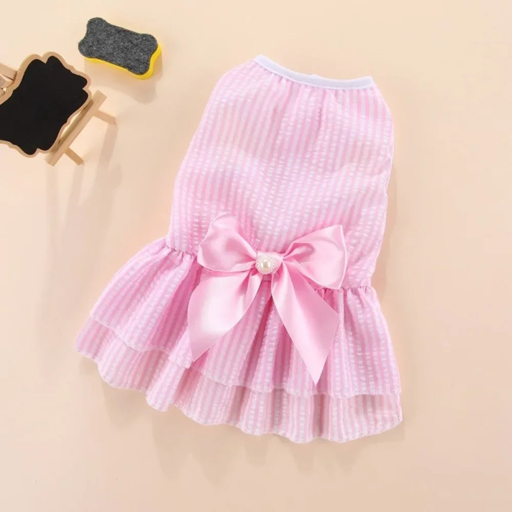 Kawaii Vertical Striped Summer Pet Clothes Soft with Bow Pet Dog Skirt Elastic Thin Dog Princess Dress