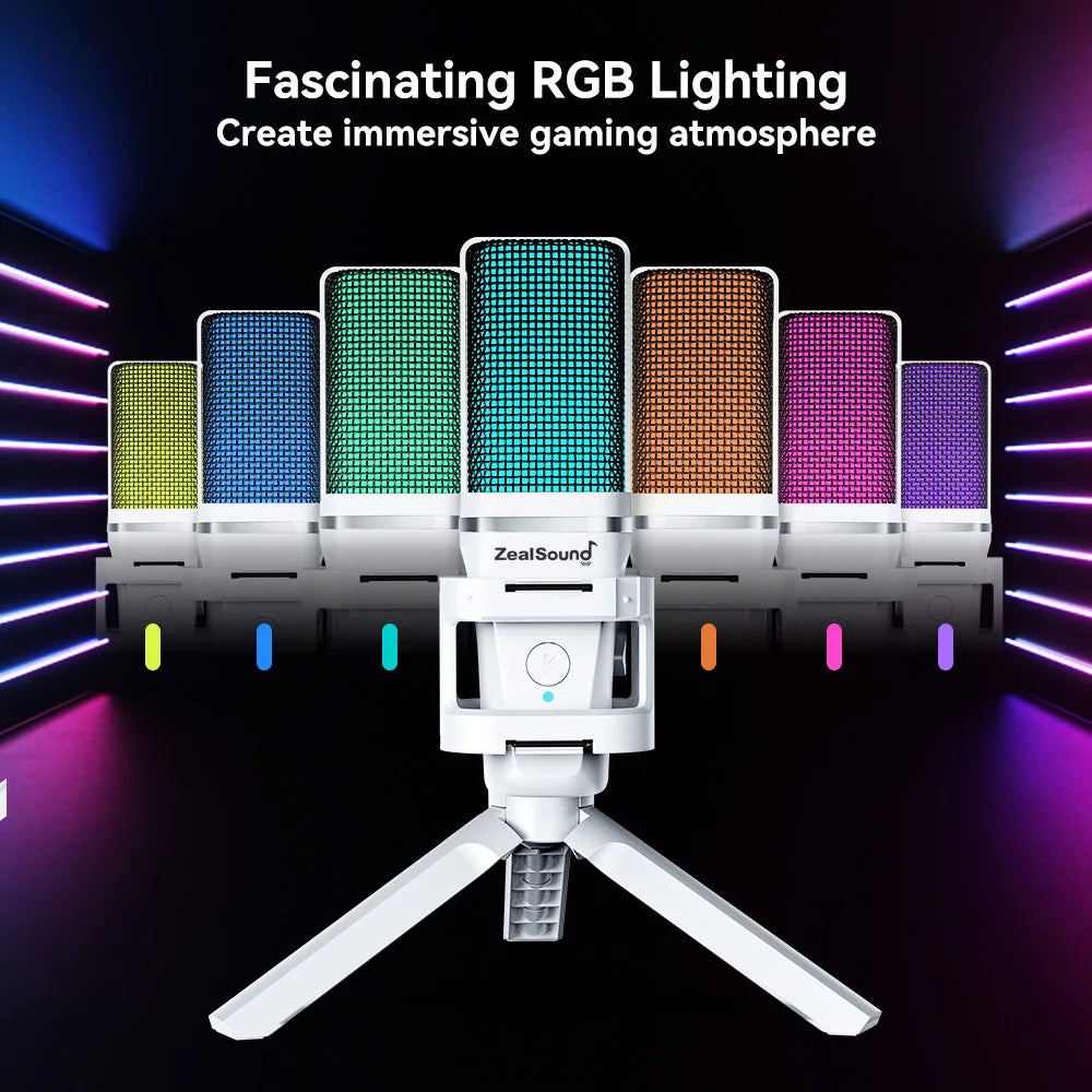 Vit USB-kondensatormikrofon med RGB och mikrofonarm för streaming