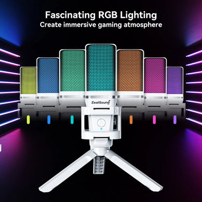 Vit USB-kondensatormikrofon med RGB och mikrofonarm för streaming