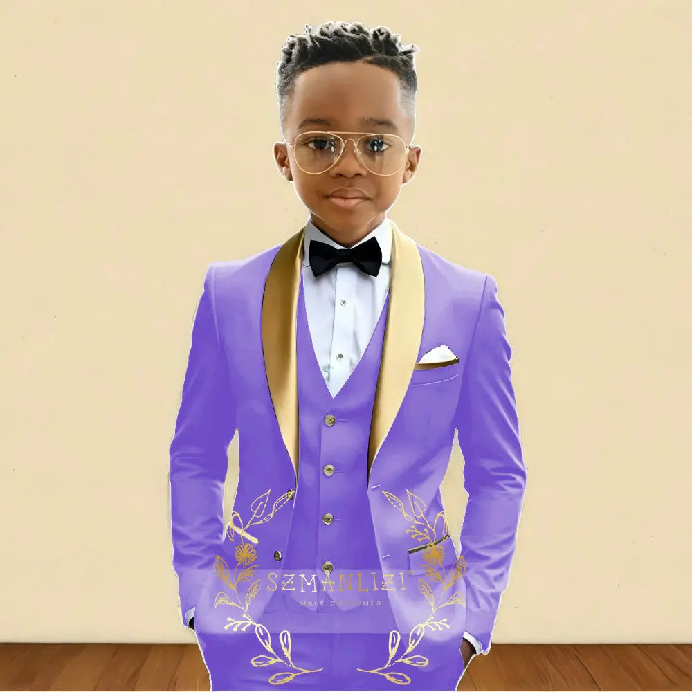 Oil Green Boys Suit 3 Pieces Wedding Tuxedo for Kids Jacket Pants Vest Gold Shawl Lapel Child 2-16 Years Old Customized Outfit