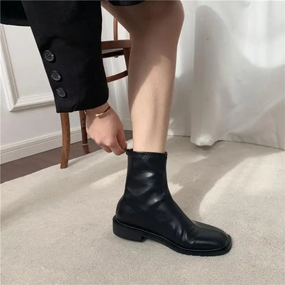 White Female Ankle Boots Work Short Shoes for Women Leather Elegant with Low Heels Booties Footwear Designer Luxury Chic New In