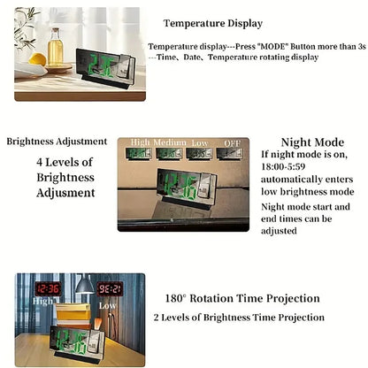 Projection alarm clock  multifunction Intelligent luminous clock Bedroom large screen digital clock 180℃ back and celling projec