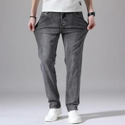 2024 Cotton Stretch Jeans Business Casual Men's Thin Denim Jeans Grey Spring Summer Brand New Fit Straight Lightweight