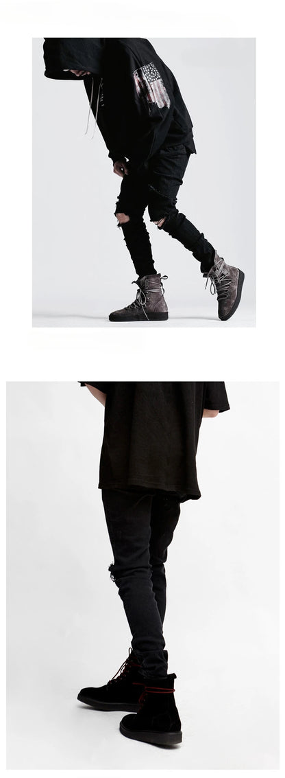 2026 High Quality Men's Jeans Pure Black Ripped Stretch Jeans Men Denim Trousers High Street Style Hip Hop Street Dance Man Jean