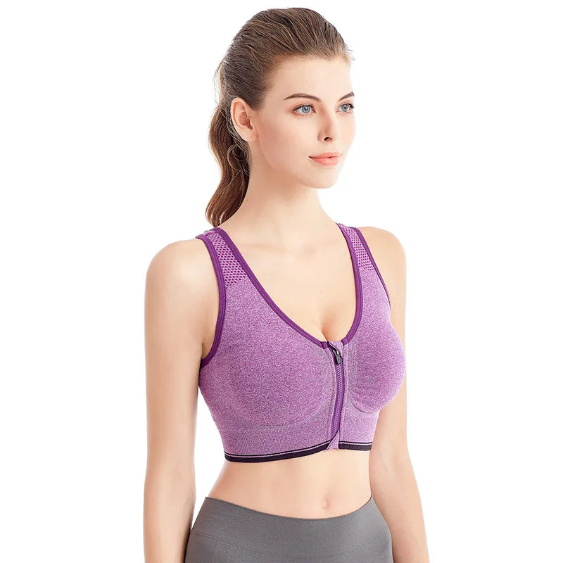 Front Zip Sports Bra High Impact Support Breathable Wire Free Running Yoga Top for Women