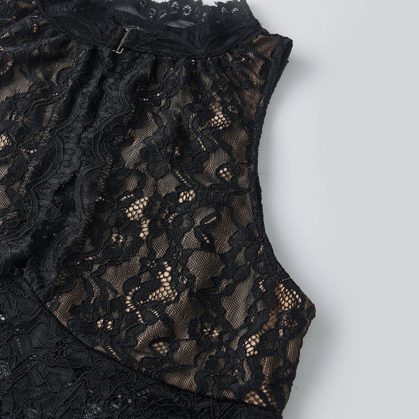 Dam Spetslinne Y2K – Sexy Lace Hollow Out Ärmlös Semi-genomskinlig Camisole, Vit & Svart