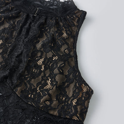 Dam Spetslinne Y2K – Sexy Lace Hollow Out Ärmlös Semi-genomskinlig Camisole, Vit & Svart