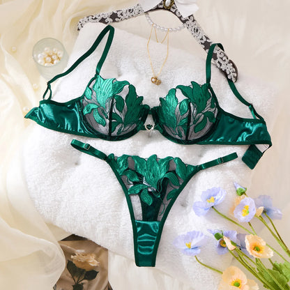 Green French-style Floral Embroidery Lace Lingerie Set,Sexy and Soft Steel-Bra-Cup Supportive Bra,Valentine's Day Party ZA824031