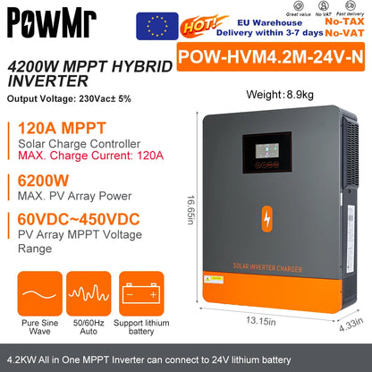 PowMr Hybrid Solväxelriktare 2kW–11kW – Ren Sinusvåg MPPT 120A 12V/24V/48V 220V LiFePO4/Litium/Blåsyra WiFi EU-lager CE