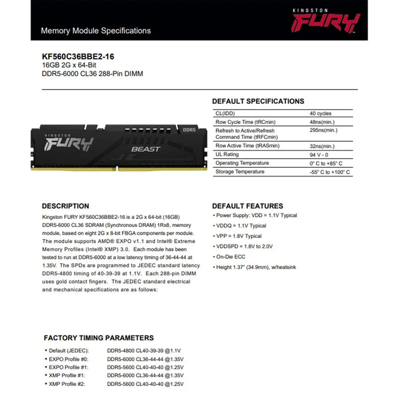 Kingston DDR5 RAM FURY Beast 32GB 16GB 6000MHz CL36 CL30 AMD EXPO Memory Profiles 288Pin DIMM PC5-48000