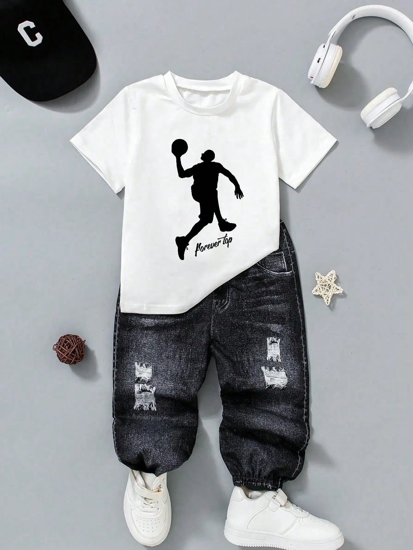 (143) Boys' Casual Street Fashion Printed Knit Pants Set, Suitable for Street Photography and Everyday Wear for Boys Aged 4-7