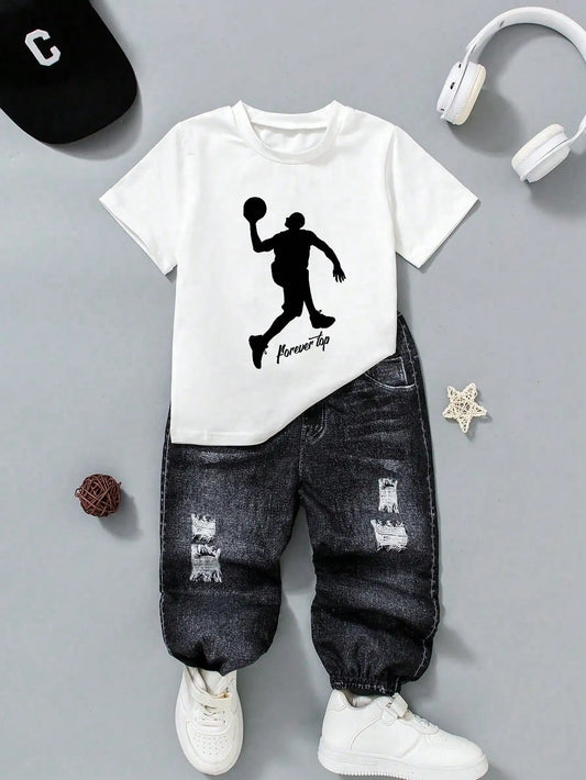 Pojkar Streetwear Set – Tryckt Stickad Byxa + T-shirt Casual Sommar Storlek 4–7 år