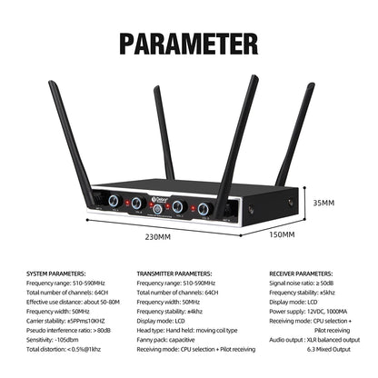 Debra DU4004 Wireless Conference Microphone System, UHF 4-channel, lavalier, headset, handheld microphone, for weddings, karaoke