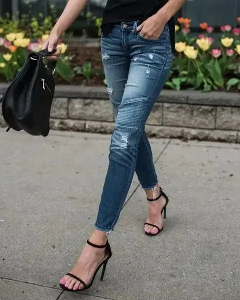 Women Jeans Denim Pencil Pants Pockets Streetwear Slim Mom Holes Punk Sexy Sheath High Waist Washing Distressed Ankle Length